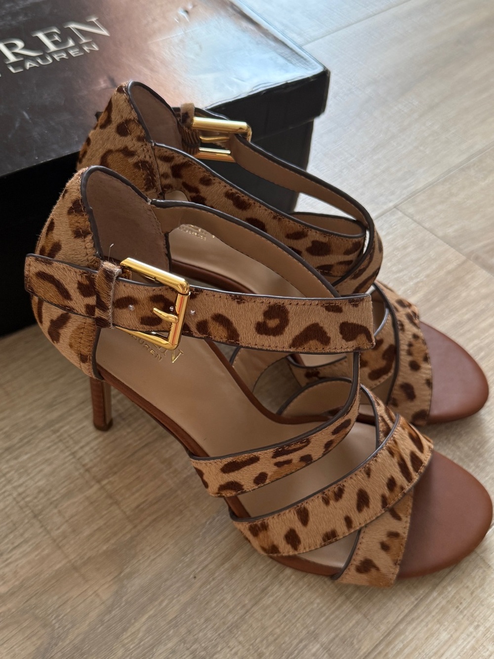 Ralph Lauren Leopard Print Strappy High Heel Sandals - Tan/Brown size 8.5B